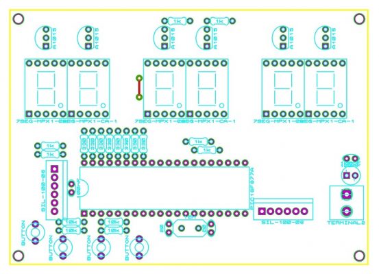 Sơ đồ bố trí linh kiện mạch đồng hồ số đơn giản dùng PIC16F877A LED 7 đoạn LDNam