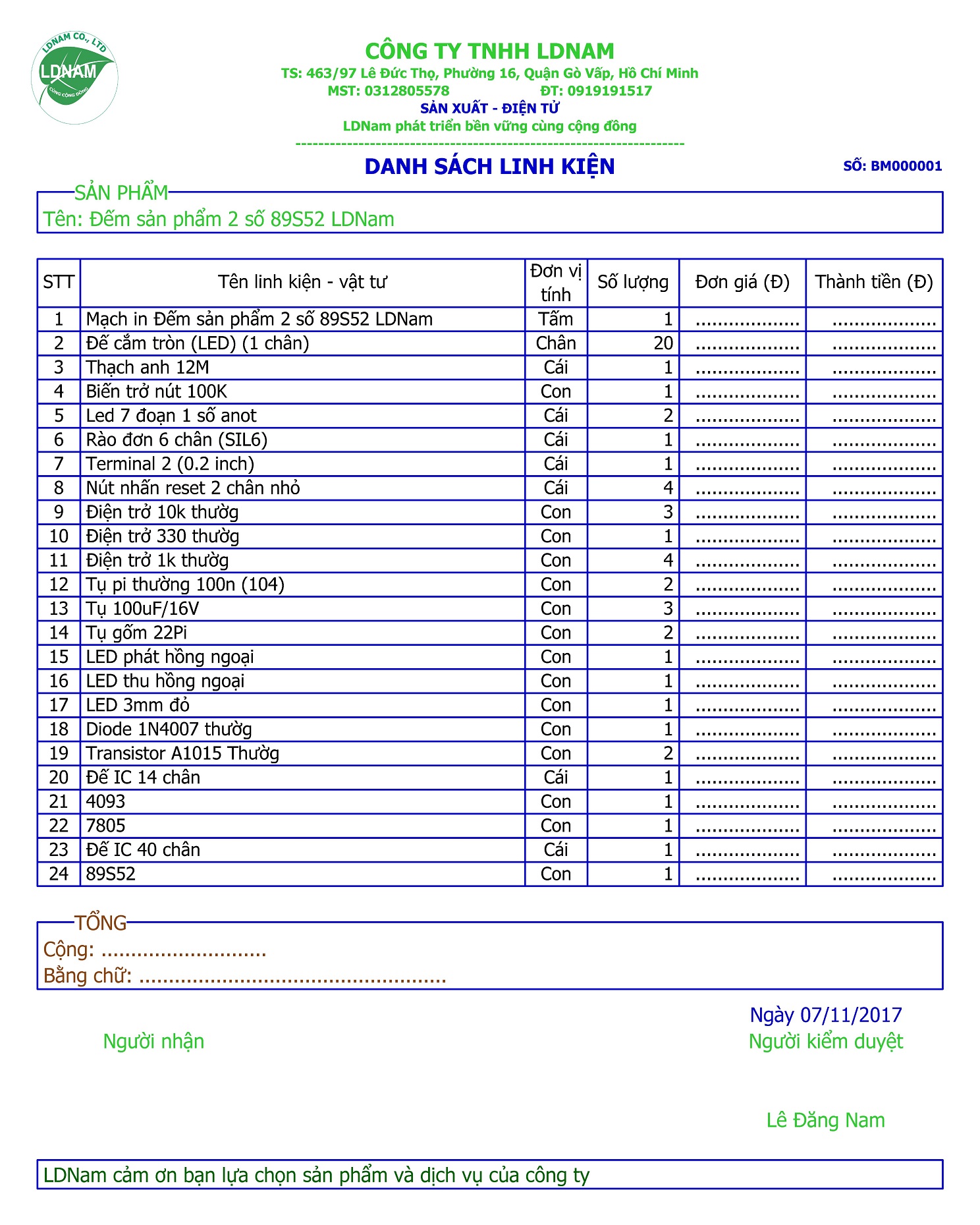 Danh sách linh kiện mạch đếm sản phẩm 2 số 89S52 LDNam