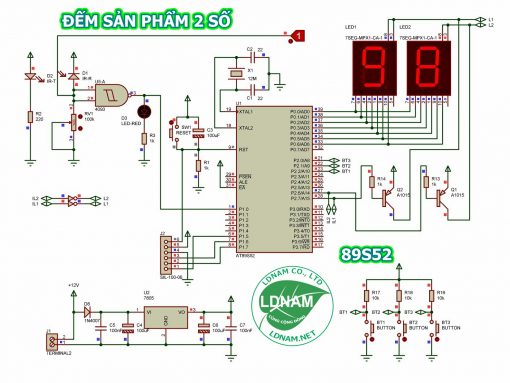 Sơ đồ nguyên lý mạch đếm sản phẩm 2 số 89S52 hiển thị LED 7 đoạn LDNam