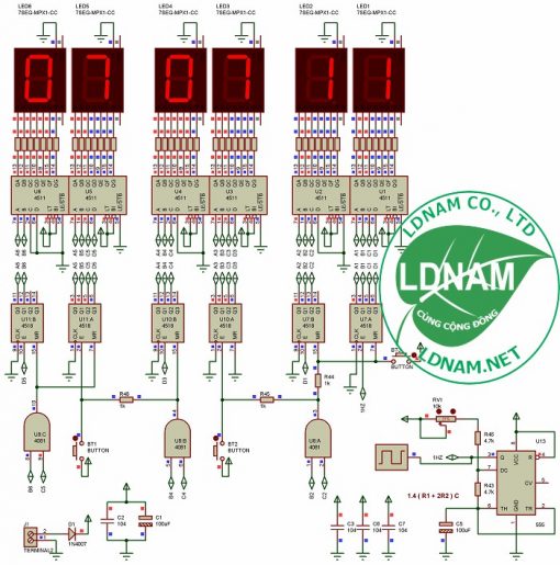 Sơ đồ nguyên lý mạch đồng hồ số ic số hiển thị giờ phút giây lên LED 7 đoạn LDNam