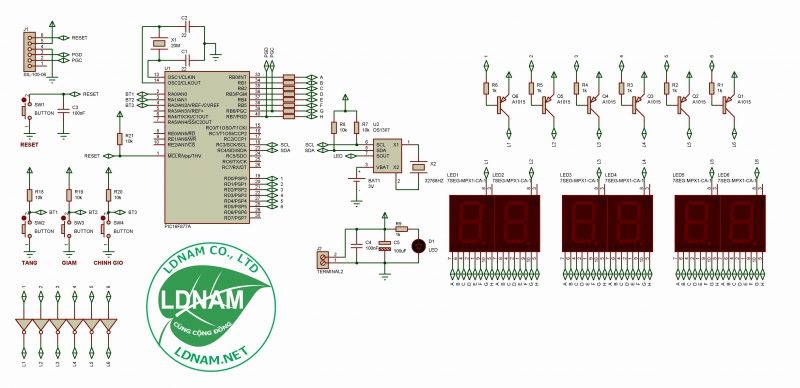 Sơ đồ nguyên lý mạch đồng hồ RTC PIC16F877A LDNam LED 7 đoạn