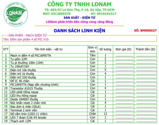 Danh sách linh kiện mạch đếm 4 số PIC16F877A