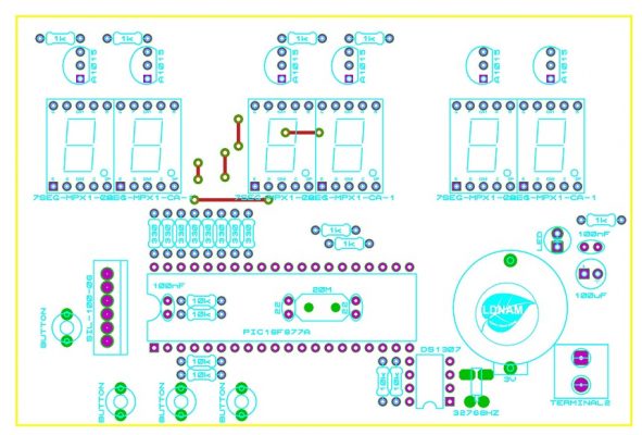 Sơ đồ bố trí linh kiện mạch đồng hồ RTC PIC16F877A LDNam LED 7 đoạn 