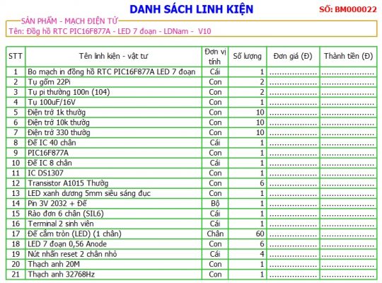 Danh sách linh kiện mạch đồng hồ RTC PIC16F877A LDNam LED 7 đoạn