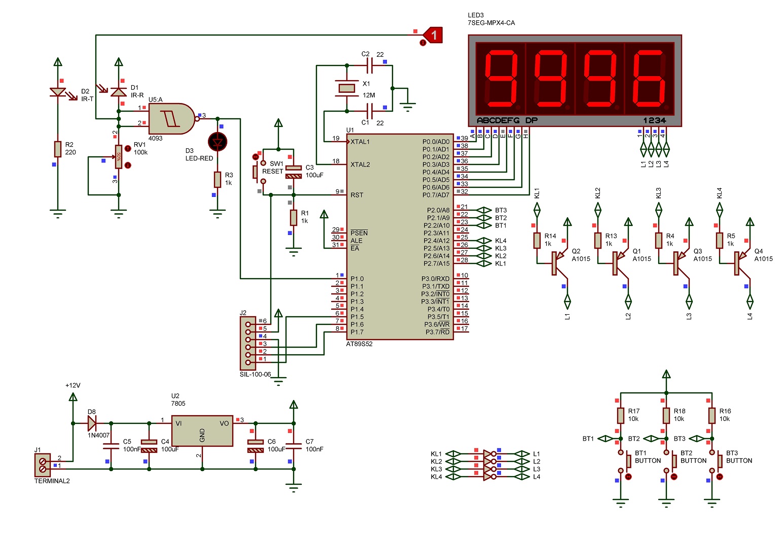 Sơ đồ nguyên lý mạch đếm sản phẩm 4 số dùng 89S52 hiển thị 4 LED 7 đoạn LDNam