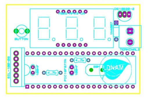 Sơ đồ bố trí linh kiện mạch đo nhiệt độ sử dụng PIC16F877A cảm biến nhiệt độ DS18B20 hiển thị lên 3 LED 7 đoạn LDNam