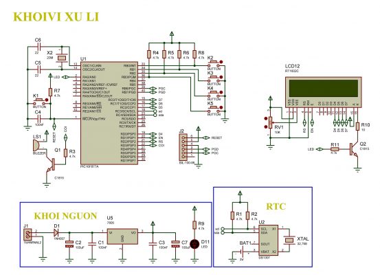 Sơ đồ nguyên lý của mạch đồng hồ số thời gian thực hiển thị LCD PIC16F877A LDNam