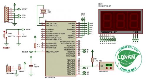 Sơ đồ nguyên lý mạch đo nhiệt độ sử dụng PIC16F877A cảm biến nhiệt độ DS18B20 hiển thị lên 3 LED 7 đoạn LDNam