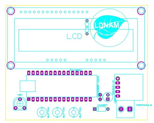 Sơ đồ bố trí linh kiện mạch đồng hồ thời gian thực ARDUINO hiển thị LCD LDNam