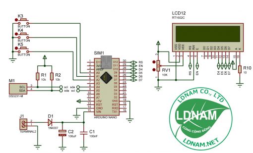 Sơ đồ nguyên lý mạch đồng hồ thời gian thực ARDUINO hiển thị LCD LDNam