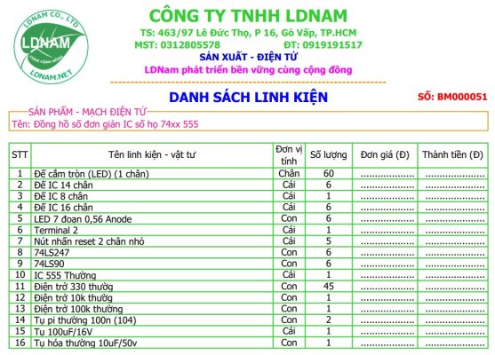 danh sach linh kiện mạch đồng hồ ic số anode 74xx 555