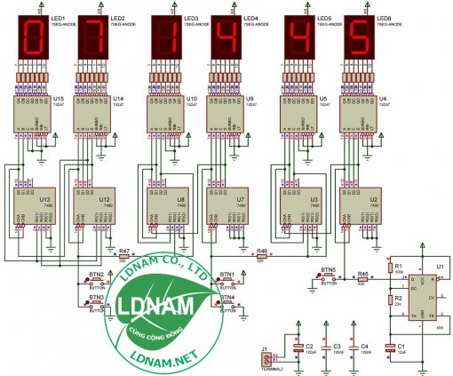 Sơ đồ nguyên lý mạch đồng hồ IC số LED 7 đoạn anode chung LDNam