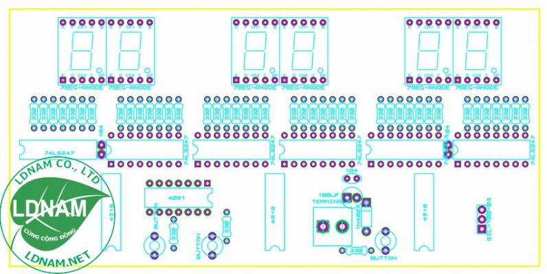 Sơ đồ bố trí linh kiện mạch đồng hồ số IC số Anode chung 6 LED 7 đoạn LDNam