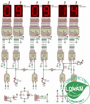 Sơ đồ nguyên lý đồng hồ số IC số chia tần 4MHz Anode chung 6 LED 7 đoạn LDNam