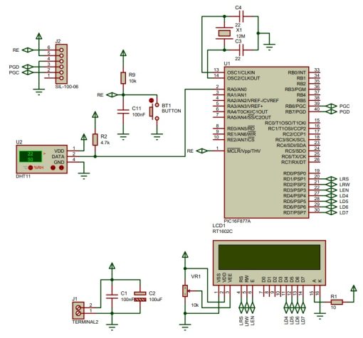 Sơ đồ nguyên lý mạch đo nhiệt độ độ ẩm PIC16F877A DHT11 hiển thị LCD LDNam