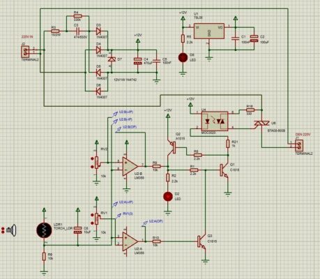 Sơ đồ nguyên lý Mạch cảm biến ánh sáng tự động bật đèn khi trời tối dùng LM358 & TRIAC